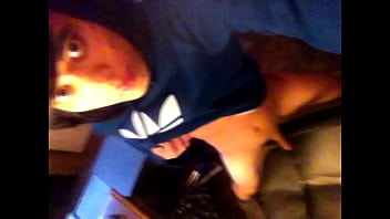 Preview 2 of Step Mom Force Son For Sex - Teen twink with cute face,  emo haircut,  wearing blue Adidas Trefoil Hoodie,  rubs his tiny smooth dick on the chair