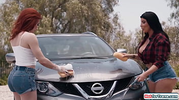 Preview 1 of Beg Heep Xxx - Busty tgirl Ariel Demure got hard from sexy carwash with gf