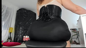 Preview 3 of Aroplen Com All Hd Sex Video - Naughty MILF Sonya in black leather tight  skirt and corset showing her big booty,  tease,  ignore,  shaking and spanking