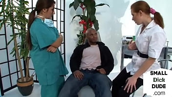 Preview 2 of Manuel Ferrara Kendra Lust - CFNM nurses in uniforms n with gloves jerk small black dick
