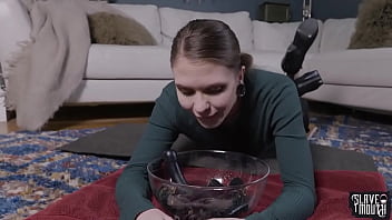 Preview 1 of Big Black Cock Grup Sex - Blond slave girl degrades herself by bobbing for her dom&#039_s piss soaked socks and puke on dildos from his ass