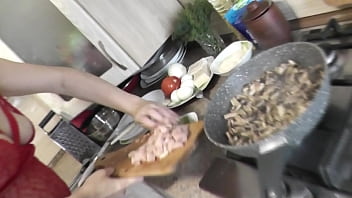 Preview 2 of She Help Cum - In transparent peignoir without panties and bra,  nude Milf Frina continues to cook naked in kitchen. Today on menu is salad of chicken breast and champignons.