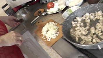 Preview 3 of She Help Cum - In transparent peignoir without panties and bra,  nude Milf Frina continues to cook naked in kitchen. Today on menu is salad of chicken breast and champignons.