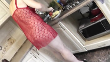 Preview 4 of She Help Cum - In transparent peignoir without panties and bra,  nude Milf Frina continues to cook naked in kitchen. Today on menu is salad of chicken breast and champignons.