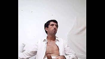 Preview 2 of Mom Big Boob Son Xxx - Fazendo strip tease tirando a camisa social Branca aberta e a cueca branca sexy transparente Pau Enorme Gostoso Safado Tesudo Pau Grande de 25 cm empinado jorrando leite