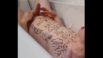 Preview 3 of Black White Catfight - Teenage slave with bodywriting peeing all-over himself