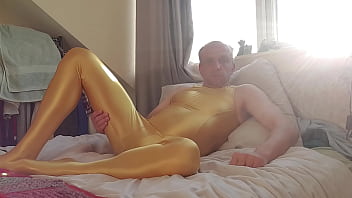 Preview 1 of Swingers Spank - Yellow shiny spandex