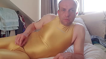 Preview 4 of Swingers Spank - Yellow shiny spandex