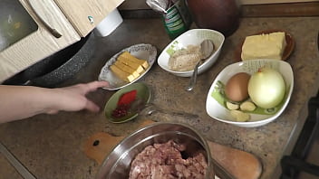 Preview 1 of Blacked Com My Sister Boyfriend - In stockings in high heels no panties and bra sexy MILF Frina continues her nude cooking. Hot and cold minced meat roll on the menu today