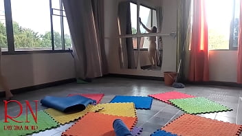 Preview 2 of Son Ask Mum - Nudist maid cleans the yoga room. A naked cleaner cleans mirrors,  sweeps and mops the floor. scene 1