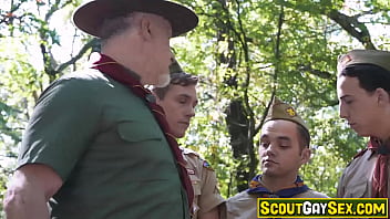 Preview 1 of Tube Movies Ng - Scoutgaysex.com - Scout Master Smith is so horny that he fucks 3 scout boys. Scout boys got back to base camp in the middle of the afternoon where Master Smith is waiting then he instructed them to remove their shirts