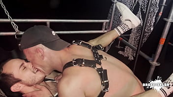 Preview 4 of Korean Xxxkor - Sexy twinky Slut gets fucked bareback in public on the sling in the darklands festival in Antwerp