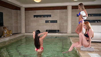 Preview 1 of Indan X Vido - Sexy Poolside DP with Slutty BFFs May Thai,  Holly Molly,  and Monika Fox GP2325