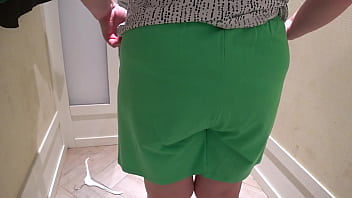 Preview 4 of Love Posion - Hidden camera in the fitting room spying on a mature PAWG. Chubby milf with big booty in panties tries on different shorts. Amateur fetish and close-ups.
