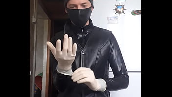 Preview 2 of Monster Vo - Guy in leather jacket putting gloves