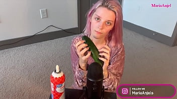Preview 1 of 3way Wife Action Catwap Com - ASMR-Cucumber Sucking