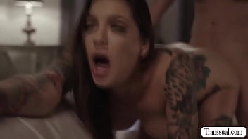 Preview 4 of Zara Gizli - Tattooed brunette fucked by shemale babe