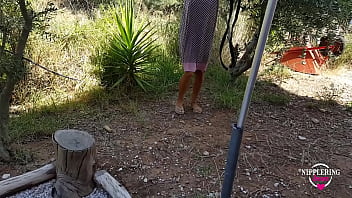 Preview 1 of Tranny Miran - nippleringlover hot spreading pierced pussy peeing outdoors extreme stretched nipple piercings