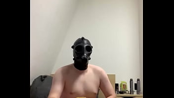 Preview 3 of Punjabi Ms - Gas Mask Gimp cums with giant buttplug