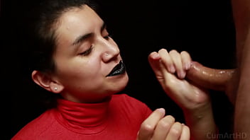 Preview 2 of Linda Shqip - CFNM - Red turtleneck,  Black lips - Handjob   Cum mouthful   Cum on clothes