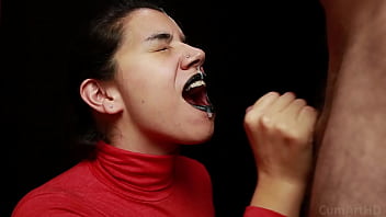Preview 3 of Linda Shqip - CFNM - Red turtleneck,  Black lips - Handjob   Cum mouthful   Cum on clothes