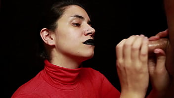 Preview 1 of Linda Shqip - CFNM - Red turtleneck,  Black lips - Handjob   Cum mouthful   Cum on clothes