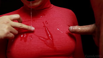Preview 4 of Linda Shqip - CFNM - Red turtleneck,  Black lips - Handjob   Cum mouthful   Cum on clothes