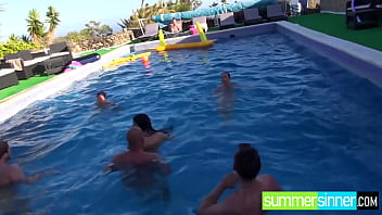 Preview 2 of Husband And Wife Baby Making Sex - SummerSinner.com - Naughty brunette hottie loses her mind sucking a bunch of hard dicks in swinger&#039_s party