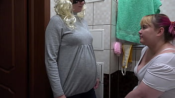 Preview 3 of Big Melons Massage - Lesbians love medical role playing. A beautiful BBW in rubber gloves examines a pregnant milf. Homemade fetish with unusual foreplay.