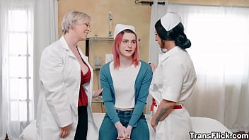 Preview 1 of Muslim Blowjob - TransFlick.com - Final exam for transgender nurse Jean Hollywood ends with a freaking hot foursome where he fucks the head doctor TS Foxxy and nurses Dee Williams and Khloe Kay!