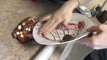 Preview 2 of Son Fotce Moom - Sexy MILF Frina continues her Nude Cooking and makes delicious Ham today. Naked woman nudist at home in kitchen without panties stockings high heels