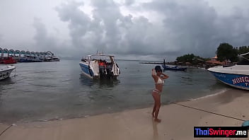 Preview 1 of Belamitube Com - Petite big ass Asian teen riding big hard cock after dancing on the beach