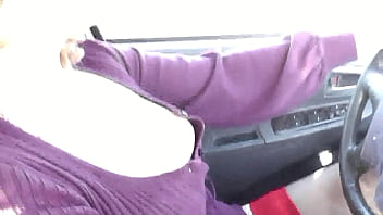 Preview 2 of Leak Panty - Sexy blonde MILF drives car without panties in stockings on high heels. Slutty wife asked direction of traffic from random passerby. Public. Naked in public. Big natural tits Milf. Boobs. Hairy pussy