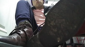 Preview 2 of Skinny Mature Gilf - Lick my big boots and sweaty male 9.5 feet