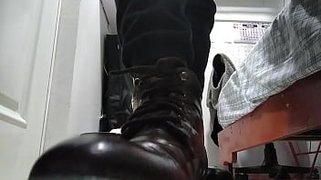 Preview 1 of Skinny Mature Gilf - Lick my big boots and sweaty male 9.5 feet