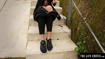 Preview 3 of Girls Cum Shot Video - Cute teen pulls down her jeans and masturbates in a public place