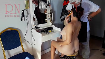 Preview 3 of Her Large - Camera in nude barbershop. Hairdresser makes undress lady ho cut her hair. Barber,  nudism. CAM 1 scene 1