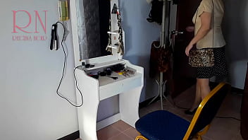 Preview 1 of Her Large - Camera in nude barbershop. Hairdresser makes undress lady ho cut her hair. Barber,  nudism. CAM 1 scene 1