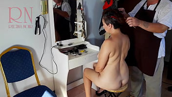 Preview 4 of Her Large - Camera in nude barbershop. Hairdresser makes undress lady ho cut her hair. Barber,  nudism. CAM 1 scene 1