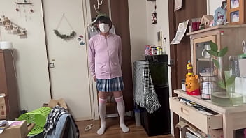 Preview 3 of Xxxxdsx - チェックのミニスカニーハイの女装子まゆちゃんが自宅リビングでパンチラ撮影から徐々に服を脱いでいきストリップショーを自撮りしている