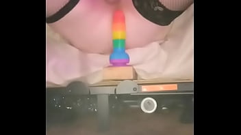 Preview 1 of Japan Am Ly - Crossdresser bounces on rainbow dildo in a cock cage
