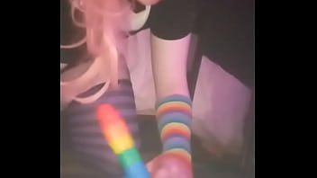 Preview 4 of Japan Am Ly - Crossdresser bounces on rainbow dildo in a cock cage