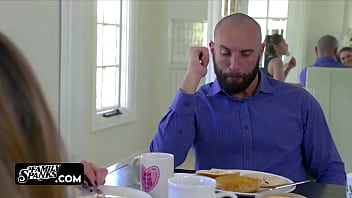 Preview 1 of Scarlett Johansson Fuck - Naughty Stepdaughter Uses her Feet to Stroke her Stepdad under the Table