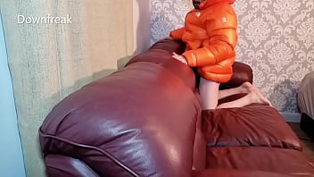 Preview 2 of Im Please - Humping Leather Sofa and Wanking with a North Face Down Jacket.