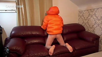 Preview 3 of Im Please - Humping Leather Sofa and Wanking with a North Face Down Jacket.