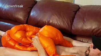 Preview 4 of Im Please - Humping Leather Sofa and Wanking with a North Face Down Jacket.