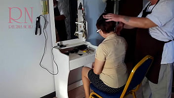Preview 1 of Long Standing Piss - Camera in nude barbershop. Hairdresser makes undress lady ho cut her hair. Barber,  nudism. CAM 1
