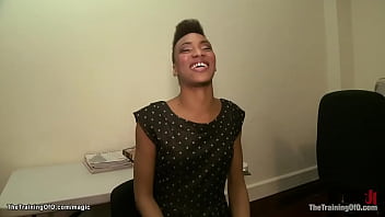 Preview 2 of Piss Grope - Bound ebony training squating on dildo