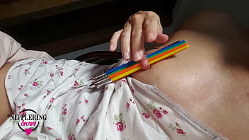 Preview 3 of Ot Girls - nippleringlover horny inserting multiple sticks in extreme stretched nipple piercing