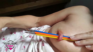 Preview 4 of Ot Girls - nippleringlover horny inserting multiple sticks in extreme stretched nipple piercing